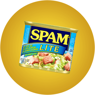 Can of SPAM Lite on a yellow background.