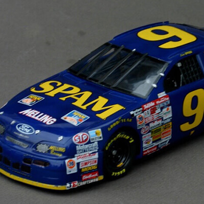 Blue SPAM race car at NASCAR.