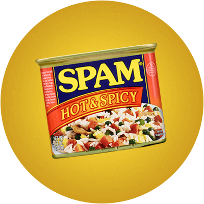 Can of SPAM Hot and Spicy on a yellow background.