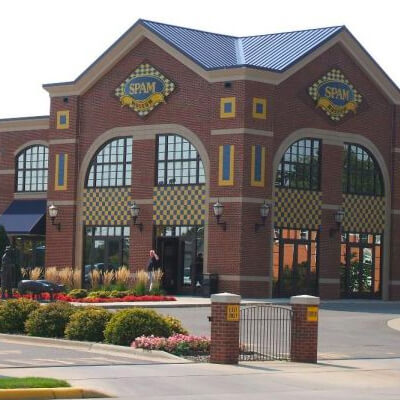 Brick exterior of original SPAM museum in Austin, Minnesota.