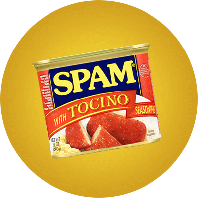 Can of SPAM with Tocino Seasoning on a yellow background.