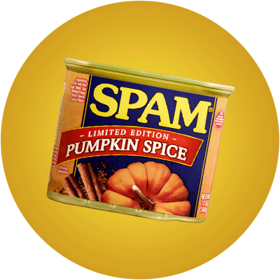 A can of pumpkin spice SPAM® on a yellow background.