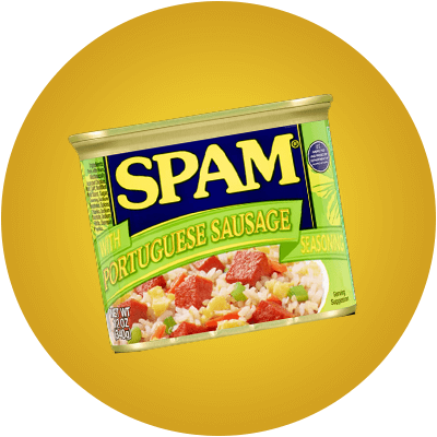 A can of Portuguese Sausage SPAM on a yellow background