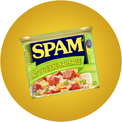SPAM with Portuguese Sausage 12 oz can with a yellow circular background.