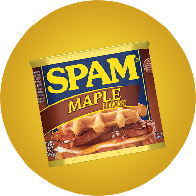 SPAM Maple Flavored 12 oz can with a yellow circular background.